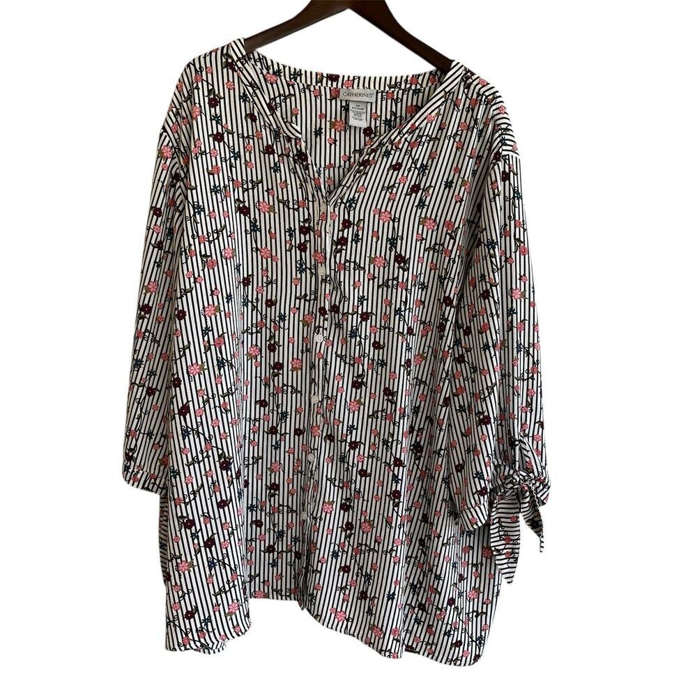 Catherines Womens Button Up Crinkle Top Size 4X Floral Striped Office Church